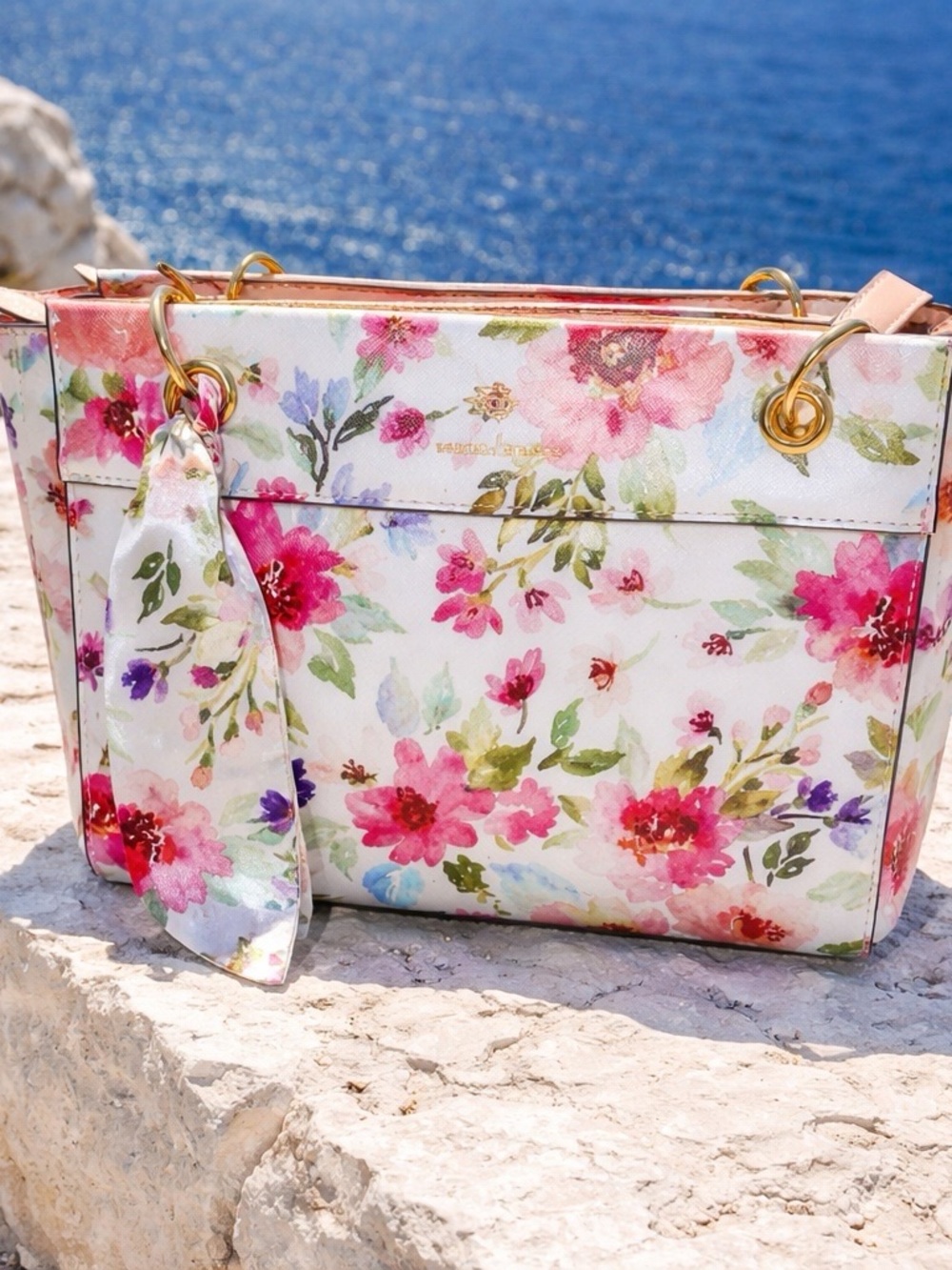 NANNETTE LEPORE WATERCOLOR FLORAL SATCHEL HANDBAG W/MATCHING SCARF